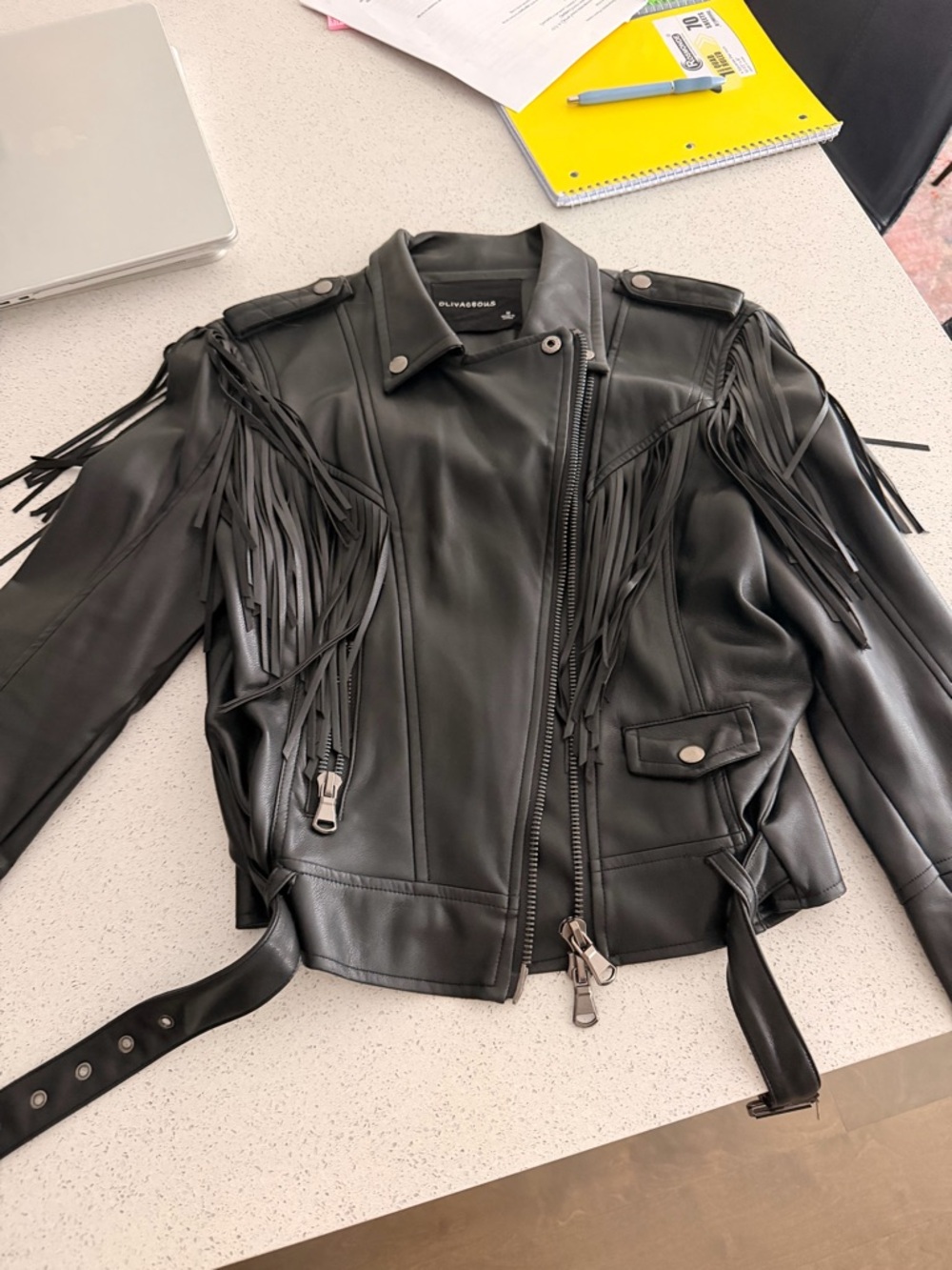 Olivaceous Black Fringe Faux Leather Moto Jacket